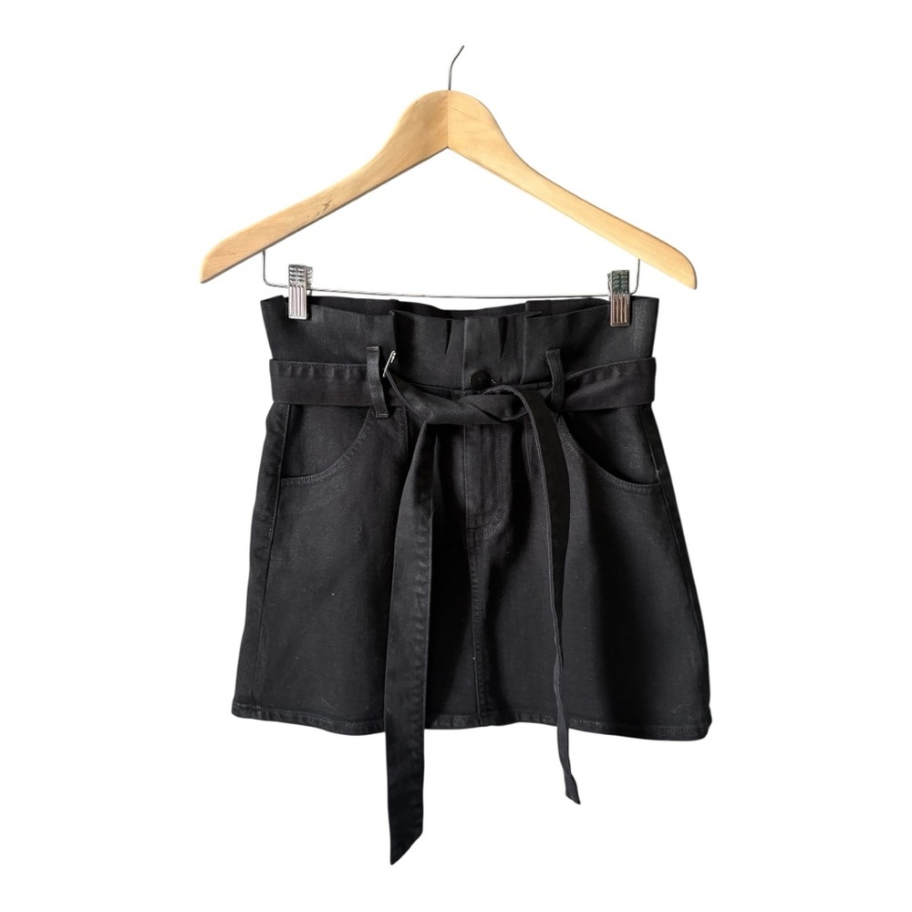 Alice + Olivia Black Denim Paperbag Waist Mini Skirt Tie Belt Size 26 / 2